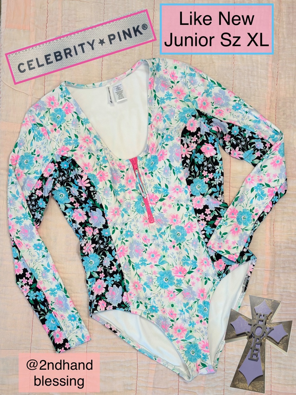 Like New Celebrity Pink Floral Long-Sleeve One-Piece Swimsuit Jr Sz XL Pink Blue